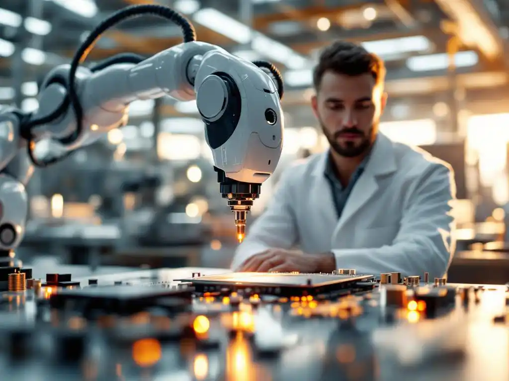 Robotic arm with magnifying sensor inspecting circuit board components while quality control engineer observes in modern factory
