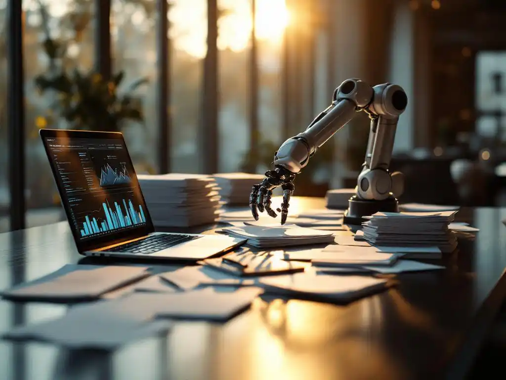 Robotic arm organizing paperwork on modern office desk with laptop displaying data visualizations in golden sunlight.