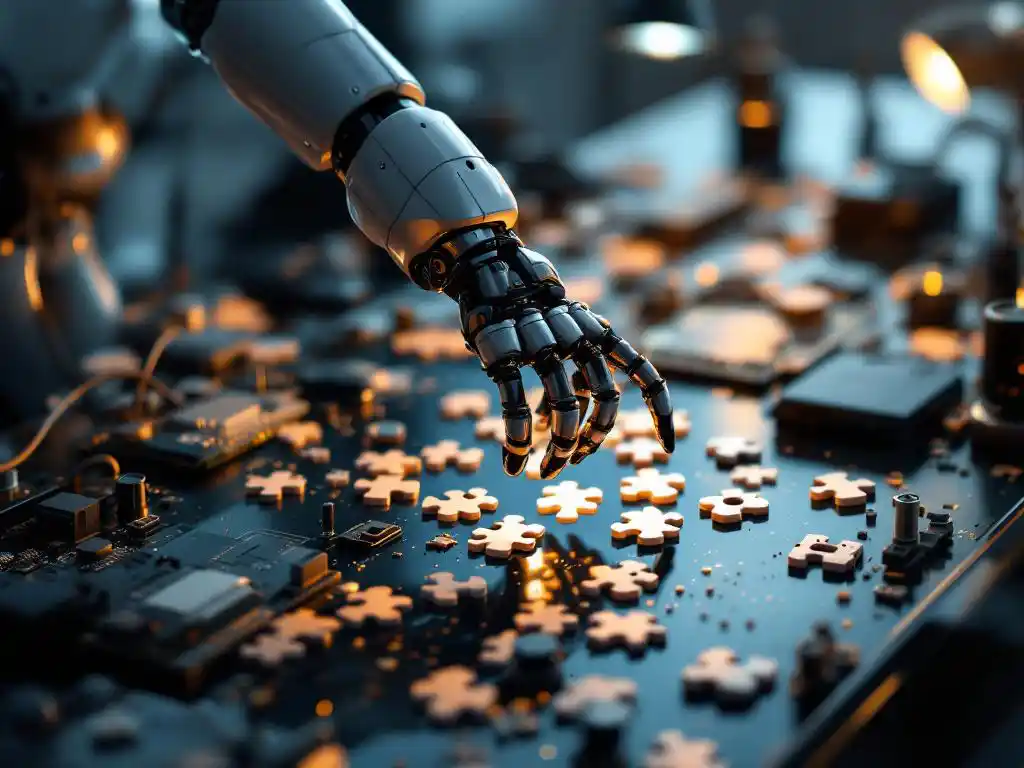 Robotic arm connecting puzzle pieces on glass desk with scattered circuit boards and technical components in workspace