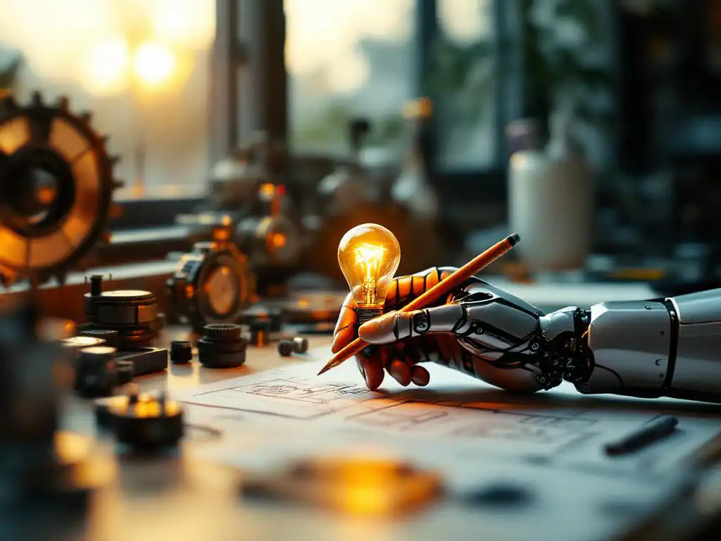 Robotic hand holding glowing lightbulb while sketching blueprints, surrounded by gears and prototypes in modern laboratory