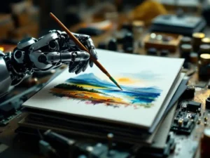 Robotic hand painting watercolor landscape on canvas, resting on vintage computer punch cards and circuit boards