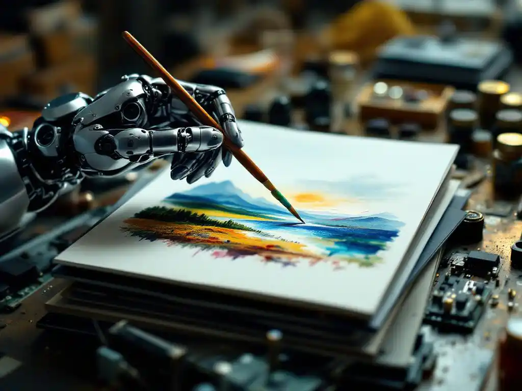 Robotic hand painting watercolor landscape on canvas, resting on vintage computer punch cards and circuit boards