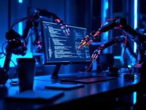 Modern workstation with laptop displaying code, robotic arms organizing server cables, coffee mug on desk with blue LED lighting.