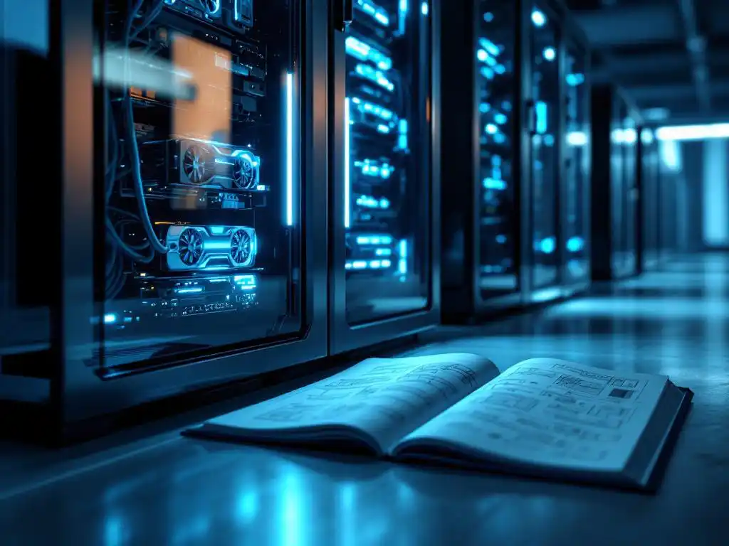 Modern server rack with blue LED lights and visible graphics cards, technical manual on floor, shot from low angle