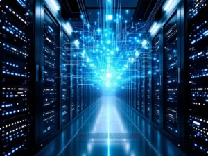 Modern server room with black data racks, blue LED lights, organized fiber optic cables, and holographic data display
