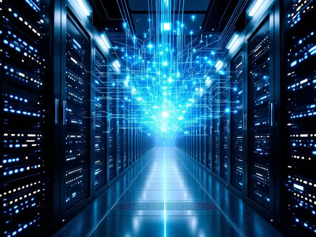 Modern server room with black data racks, blue LED lights, organized fiber optic cables, and holographic data display