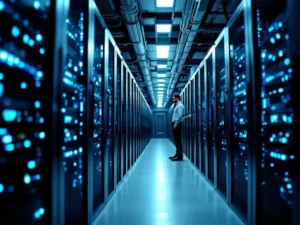Modern server room with rows of black server towers connected by ethernet cables, blue LED indicators glowing, technician's hand adjusting equipment.