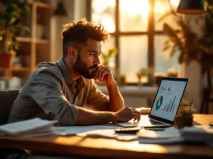 Small business owner reviewing AI-generated charts on laptop at wooden desk with scattered documents in warm sunlight.