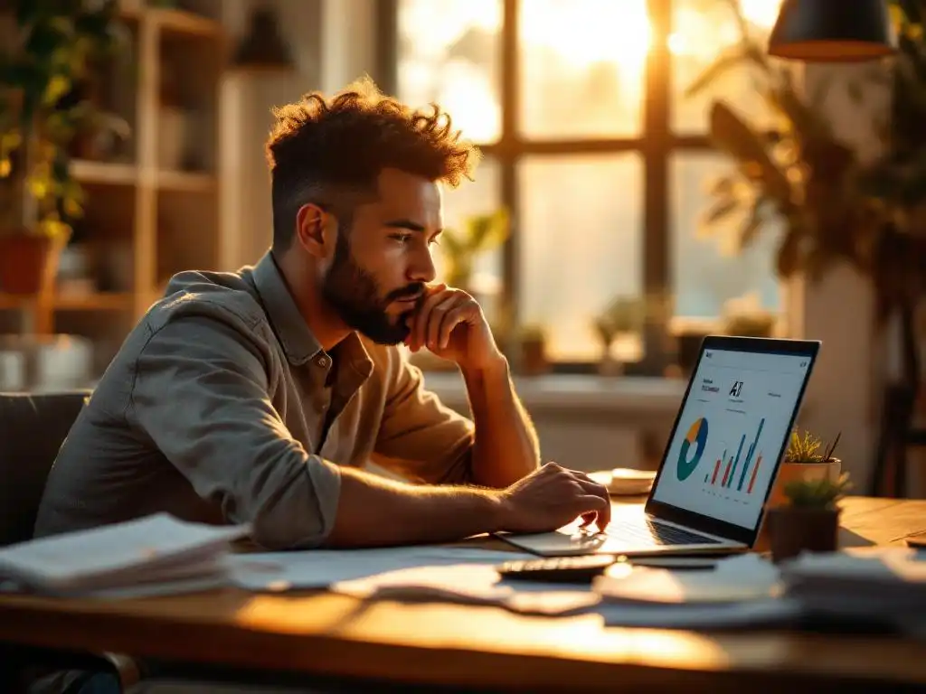 Small business owner reviewing AI-generated charts on laptop at wooden desk with scattered documents in warm sunlight.