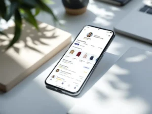 Smartphone on white desk displaying personalized shopping app with product recommendations and user profile interface