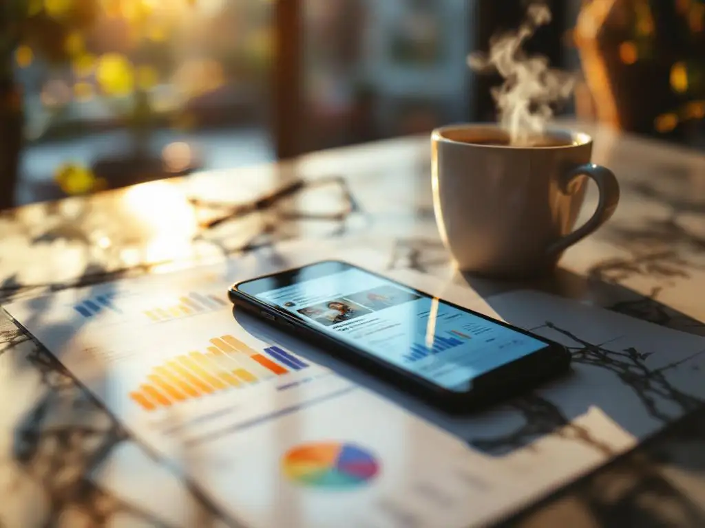 Smartphone displaying social media feed on marble desk with marketing analytics charts and coffee cup in sunlight