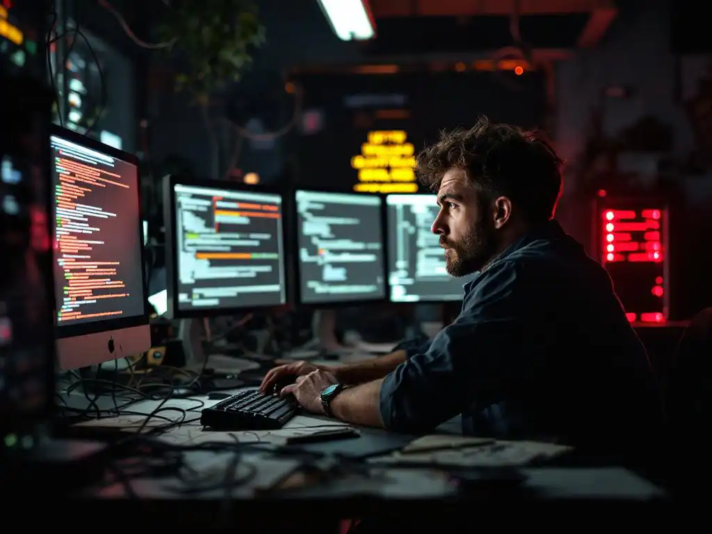 Frustrated software engineer at cluttered desk with multiple monitors showing error messages and tangled ethernet cables