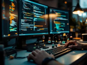 Software engineer's workstation with multiple monitors displaying network diagrams and code, physical building blocks representing microservices on desk.
