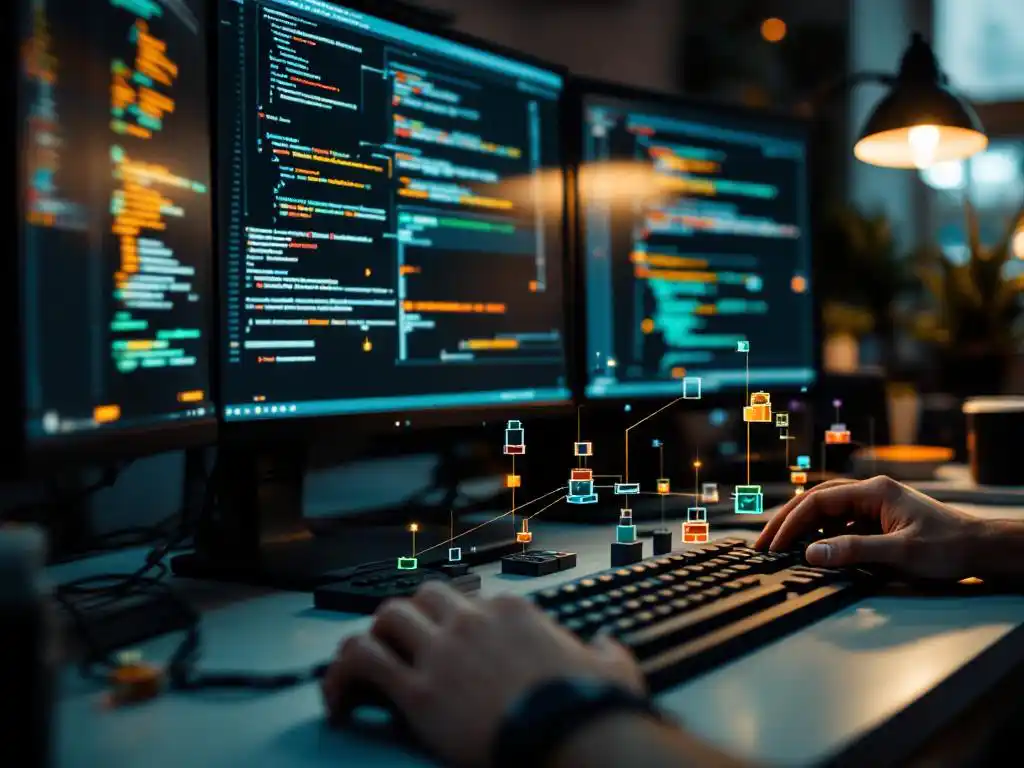 Software engineer's workstation with multiple monitors displaying network diagrams and code, physical building blocks representing microservices on desk.