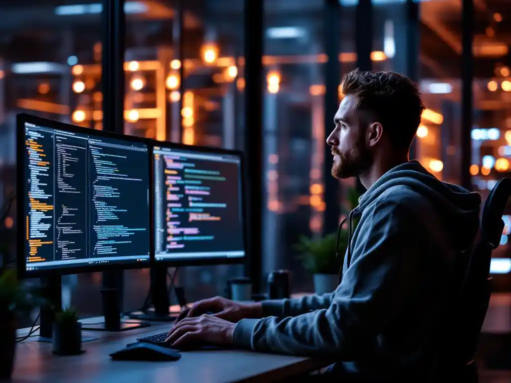 Software engineer in hoodie working at multi-monitor workstation displaying code and deployment pipelines in modern office