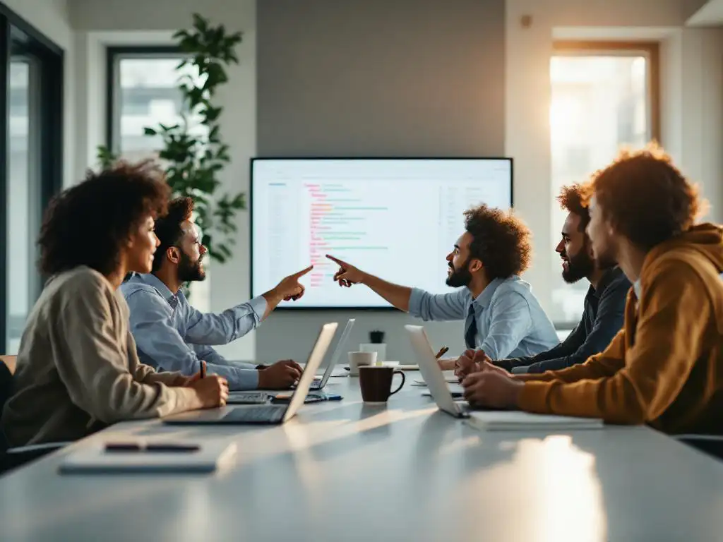 Five diverse professionals collaborating around conference table, one pointing at monitor showing code deployment pipelines.