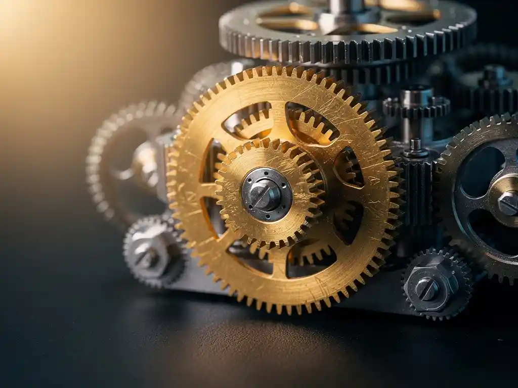 Brass and steel clockwork engine mid-disassembly on a matte-black desk, central gear lit in warm amber revealing intricate teeth.