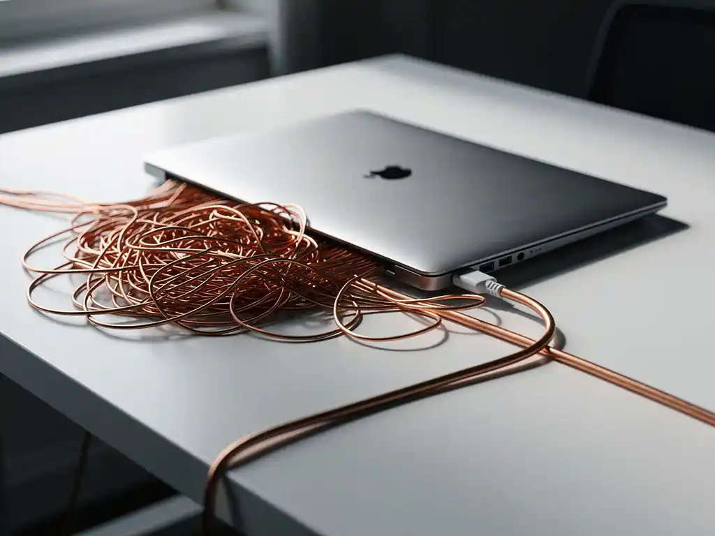 Tangled copper wires spilling from a laptop beside a single neatly routed cable on a white desk, contrasting cable management chaos and order.