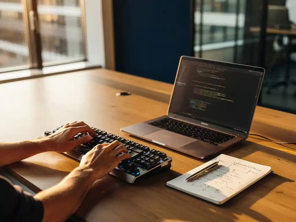 Developer's hands on mechanical keyboard beside laptop showing clean code, with algorithm sketches notebook on minimalist Amsterdam office desk.
