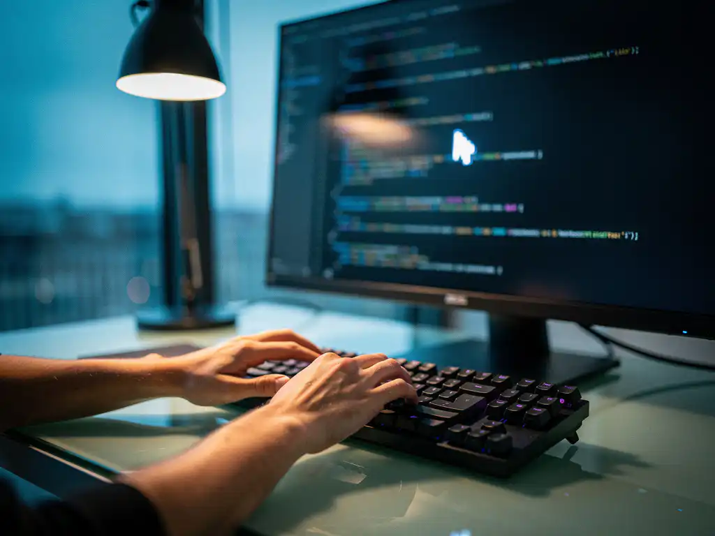 Developer's hands over a mechanical keyboard in a modern Amsterdam office, glowing code reflected on a dark monitor with a blinking cursor.