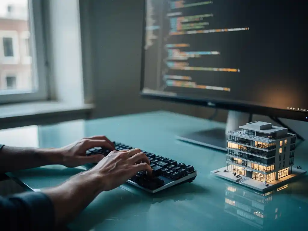 Developer typing on mechanical keyboard at glass desk with glowing code on monitor and architectural scale model in Amsterdam office.