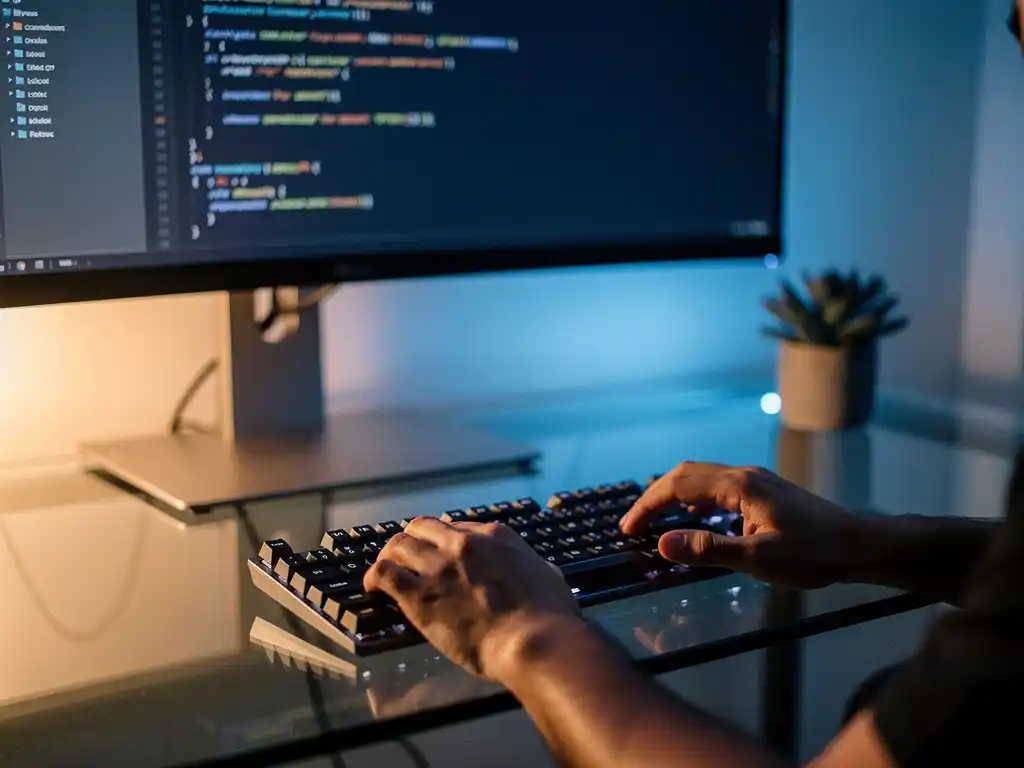 Developer's hands at a mechanical keyboard on a glass desk, code glowing on an ultrawide monitor with soft blue ambient light and a small succulent nearby.