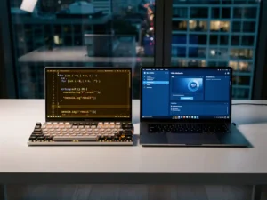 Mechanical keyboard beside a laptop on a white desk, screens glowing amber and blue, Amsterdam high-rise visible through floor-to-ceiling windows.