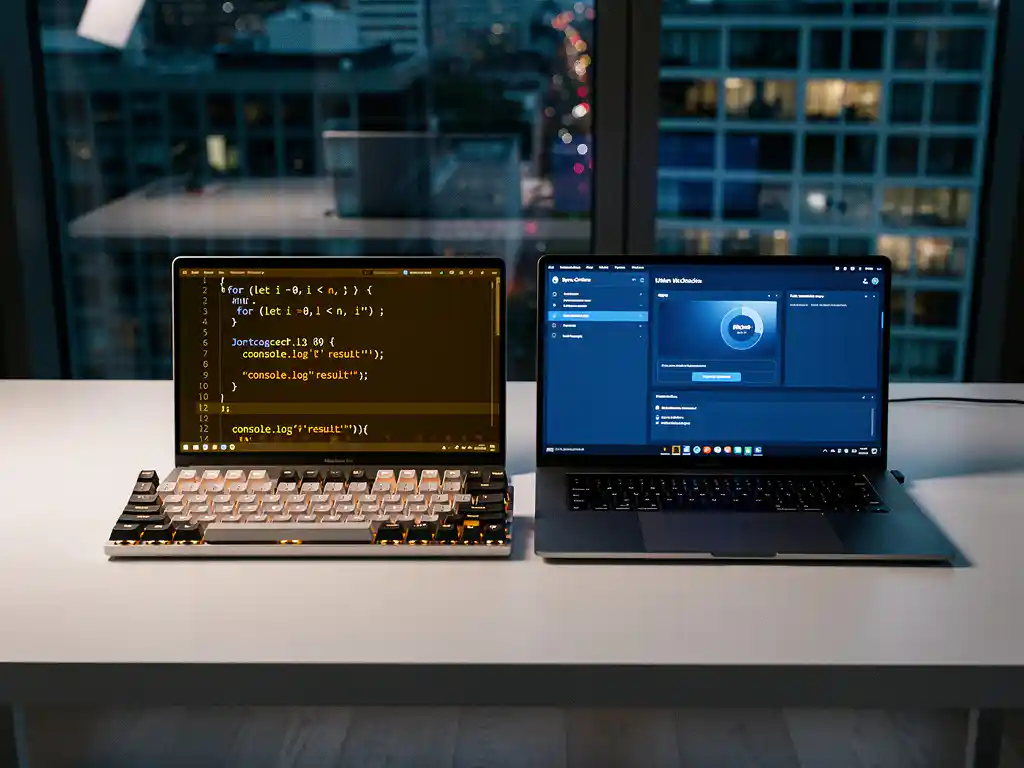 Mechanical keyboard beside a laptop on a white desk, screens glowing amber and blue, Amsterdam high-rise visible through floor-to-ceiling windows.