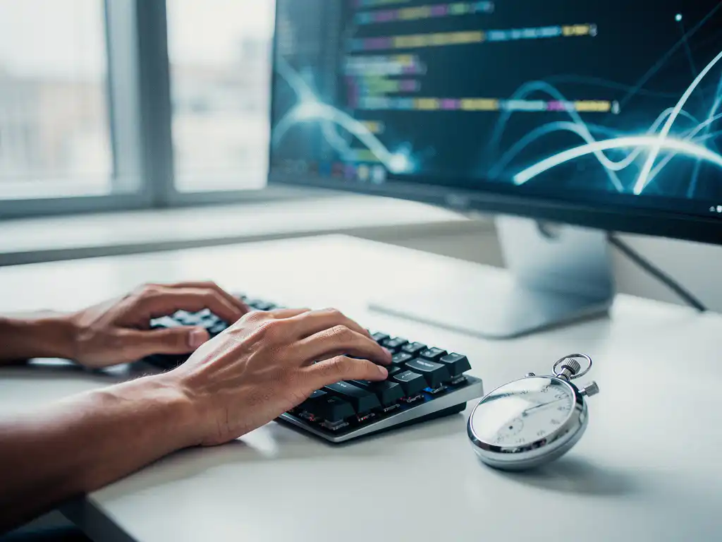 Developer's hands on a mechanical keyboard beside a stopwatch, glowing code on monitor in soft bokeh background, natural office light.