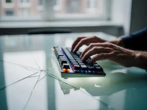 Developer's hands hovering over a mechanical keyboard on a cracked glass desk, amber warning light reflecting off keys in a dimly lit Amsterdam office.