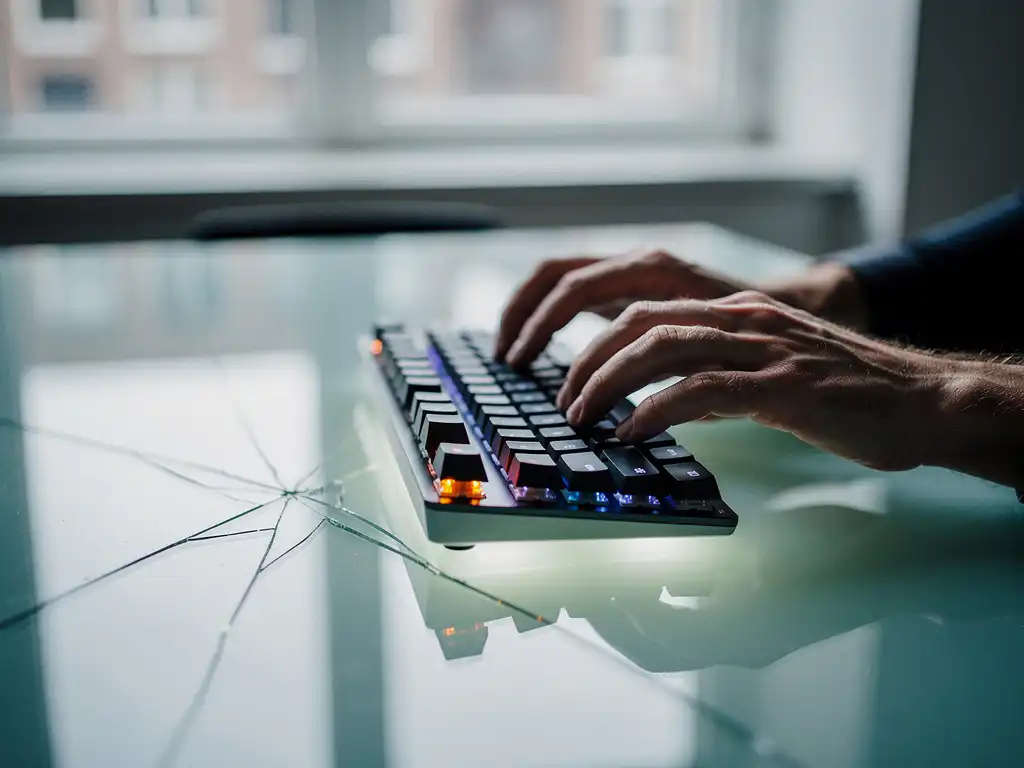 Developer's hands hovering over a mechanical keyboard on a cracked glass desk, amber warning light reflecting off keys in a dimly lit Amsterdam office.
