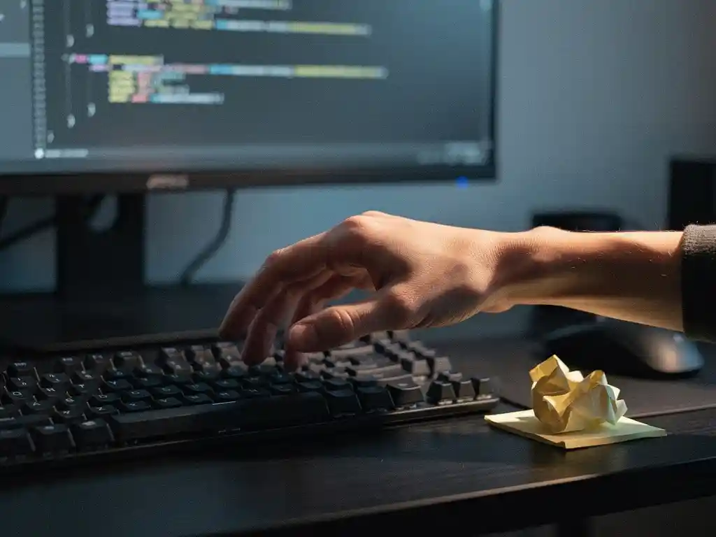 Developer's hand paused over a mechanical keyboard beside a crumpled sticky note, with blurred code visible on a monitor in an Amsterdam-style workspace.