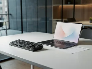 Mechanical keyboard and open laptop on a white desk with a printed test checklist, modern Amsterdam office visible through floor-to-ceiling glass.