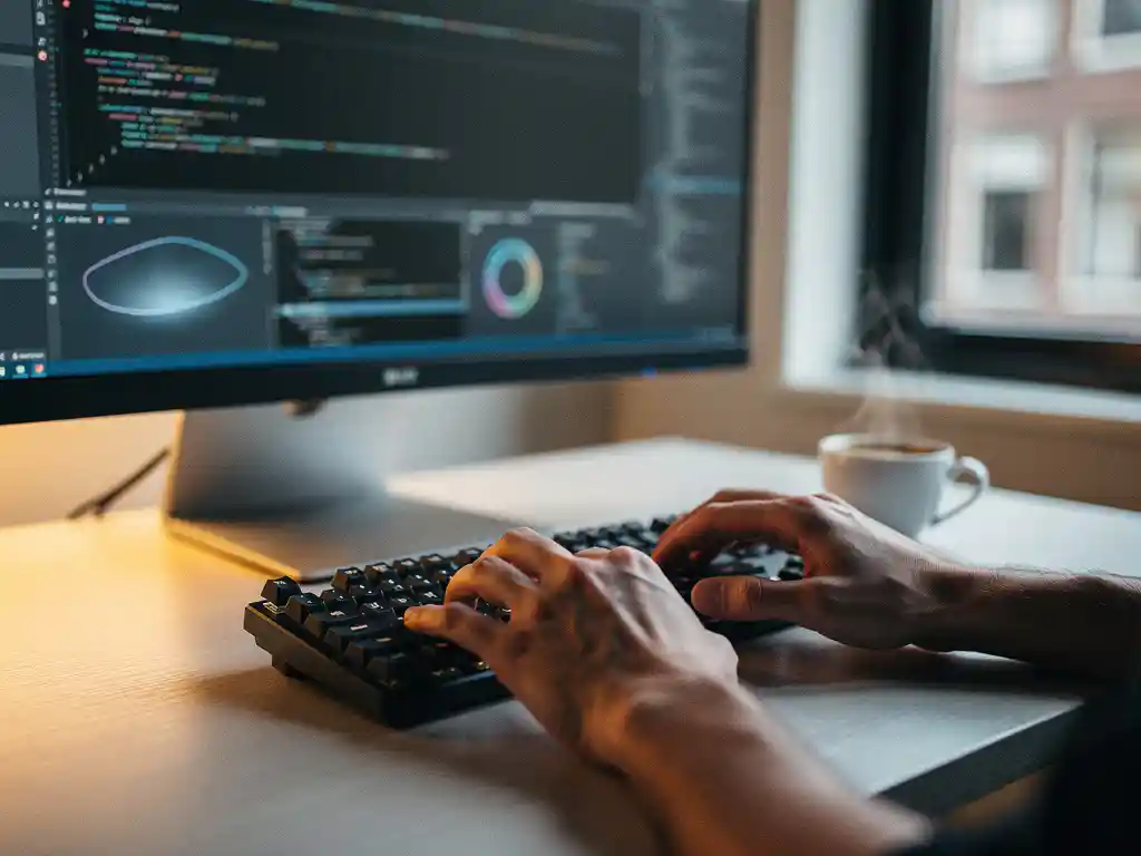 Developer's hands typing on a mechanical keyboard, ultrawide monitor displaying code editors, espresso cup on a minimalist Amsterdam office desk.