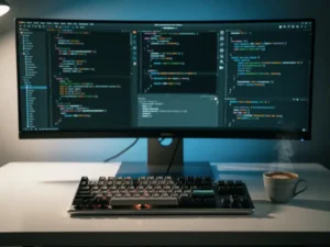 Mechanical keyboard and ultrawide monitor displaying multiple code editors with colorful syntax highlighting, steaming espresso on a minimal white desk.