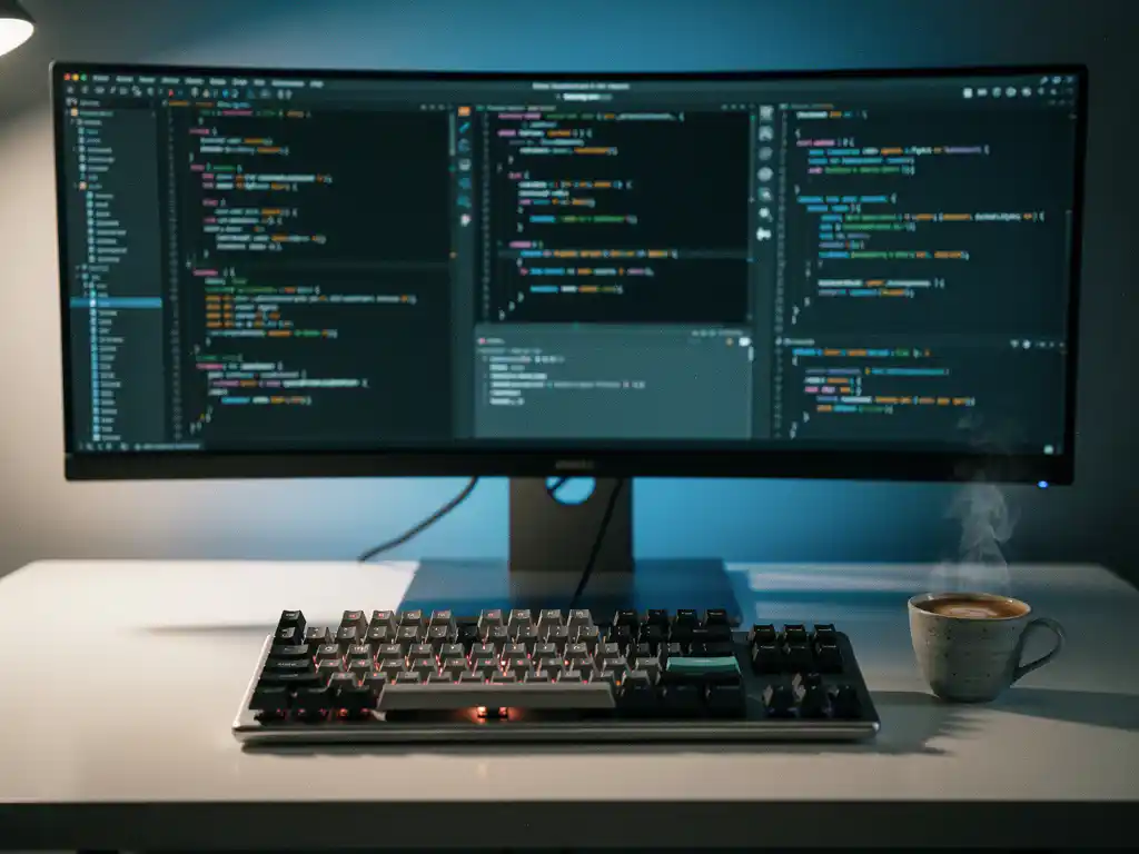 Mechanical keyboard and ultrawide monitor displaying multiple code editors with colorful syntax highlighting, steaming espresso on a minimal white desk.