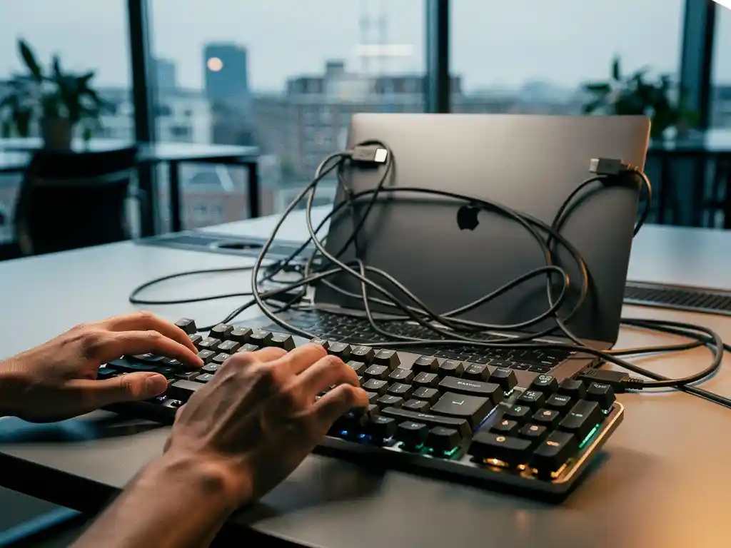Developer's hands paused over mechanical keyboard with tangled USB cables wrapped around a laptop in a sunlit Amsterdam office.