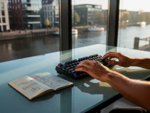 Developer's hands at a glass desk with a mechanical keyboard and handwritten system diagrams, Amsterdam cityscape visible through floor-to-ceiling windows.