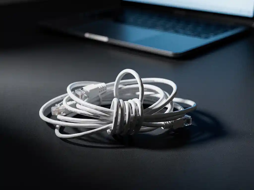 Tangled white ethernet cables coiled in a knot on a dark desk, with a half-open laptop casting blue light in the background.