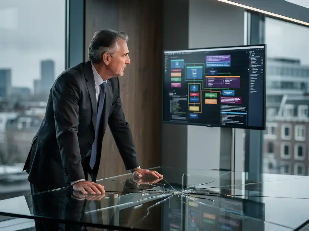 Senior executive in a sharp suit studying complex code on a large monitor, cracked glass desk beneath his hands, Amsterdam high-rise office.