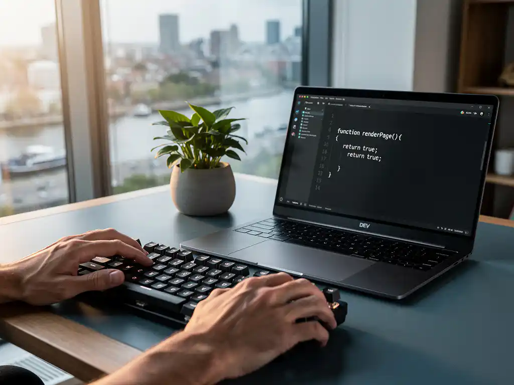Developer's hands on mechanical keyboard beside laptop showing code, with small plant between them, Amsterdam office with floor-to-ceiling windows.