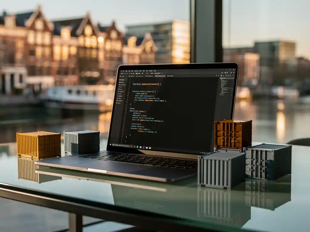 Laptop with code editor on glass desk surrounded by modular shipping containers, Amsterdam skyline visible through floor-to-ceiling windows in golden light.