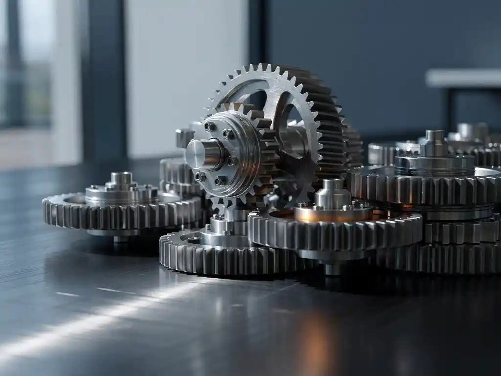 Precision mechanical gears frozen mid-turn by a misaligned central gear on a polished dark steel surface, dramatic side lighting.