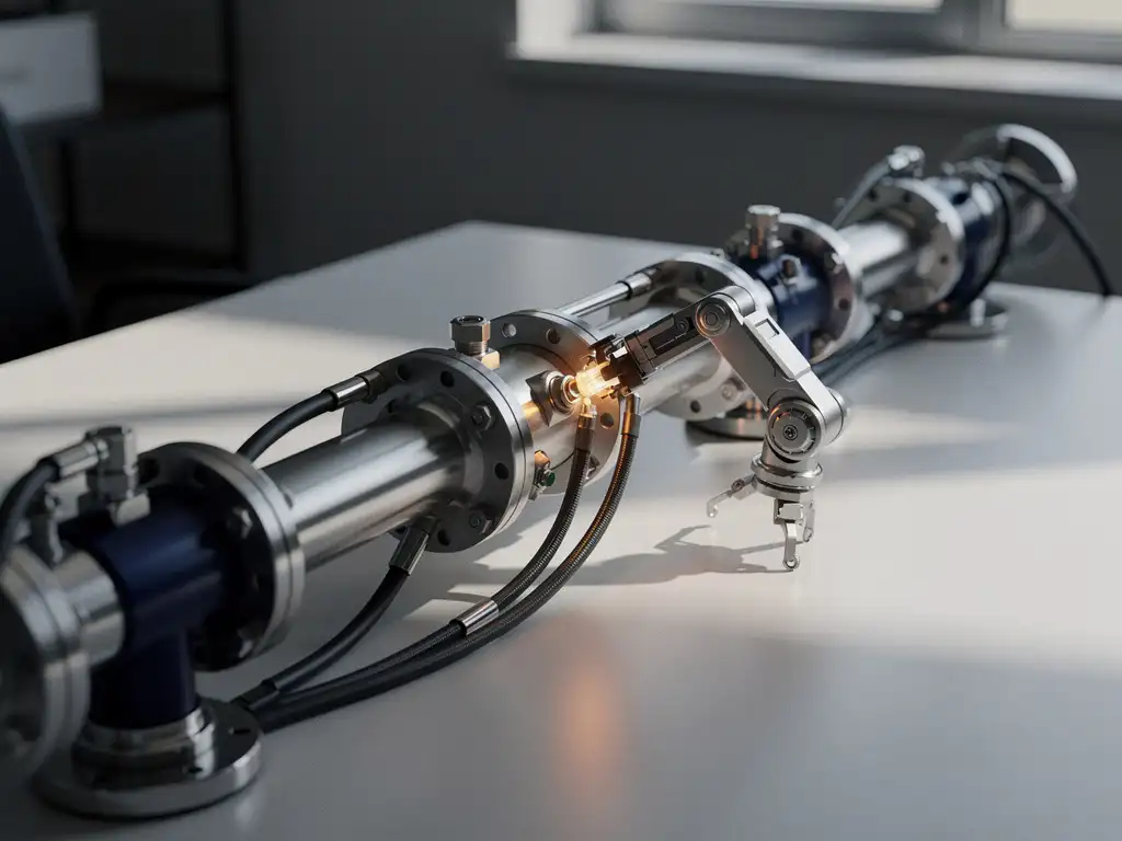 Robotic arm adjusting a connector joint on a silver and navy mechanical pipeline across a developer's desk, lit by warm amber accents.