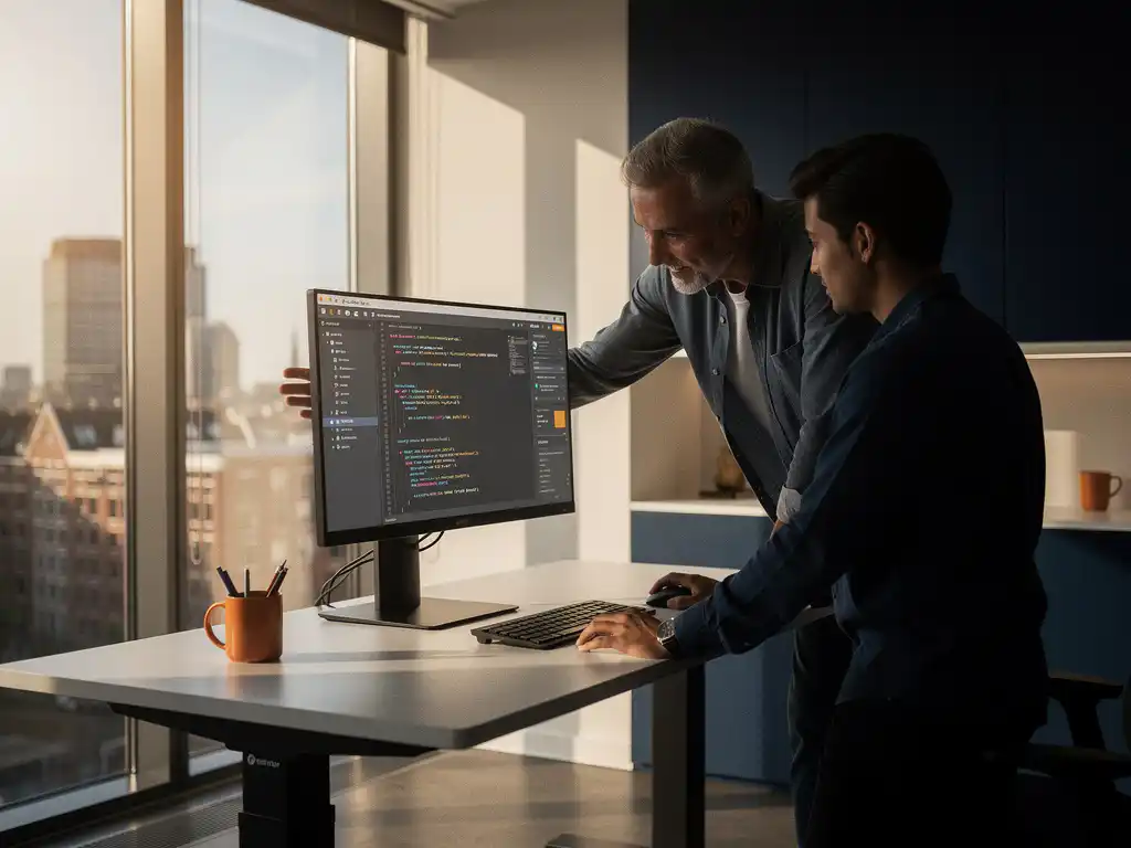 Senior developer guiding a colleague through an AI-assisted code editor at a standing desk in a sunlit Amsterdam office.