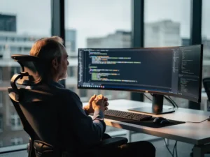Senior developer reviewing AI-generated code on dual curved monitors in a sunlit Amsterdam glass-walled office.