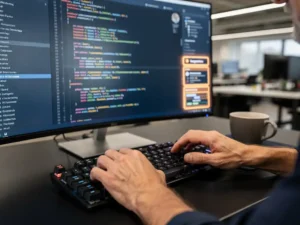 Senior developer typing on a mechanical keyboard with curved monitor displaying clean code and an AI suggestion panel in a modern office.