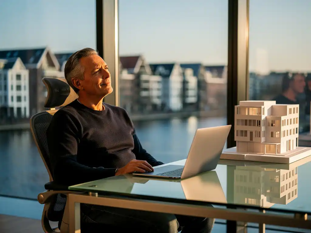 Senior software developer thinking at a glass desk with a laptop and architectural scale model, Amsterdam skyline visible through floor-to-ceiling windows.