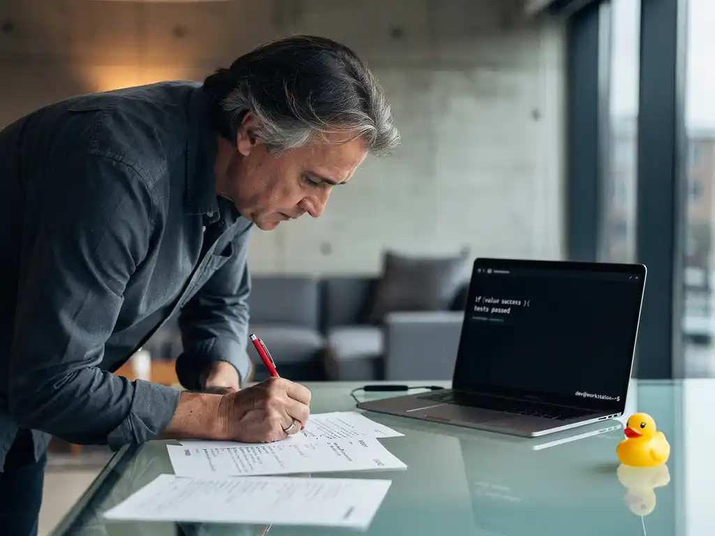 Senior developer annotating printed code sheets with a red pen beside an open laptop, rubber duck toy on desk, Amsterdam office with floor-to-ceiling windows.