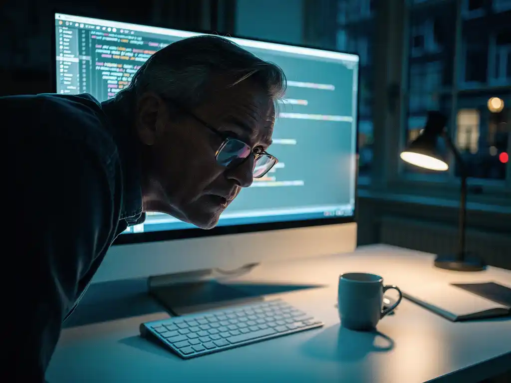 Senior developer studying unfamiliar code on a glowing monitor in a dim Amsterdam office, expression tense, screen light reflecting in glasses.